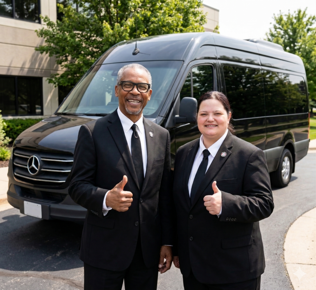 Two smiling chauffeurs from Rockford Limo Company, Thomas and Stacey, stand confidently in front of a sleek black Mercedes Executive Shuttle van. They wear professional black suits with gold branded patches and give thumbs-up. The sunny photo showcases the large passenger shuttle and the company’s drivers, reinforcing trust in their chauffeur services.