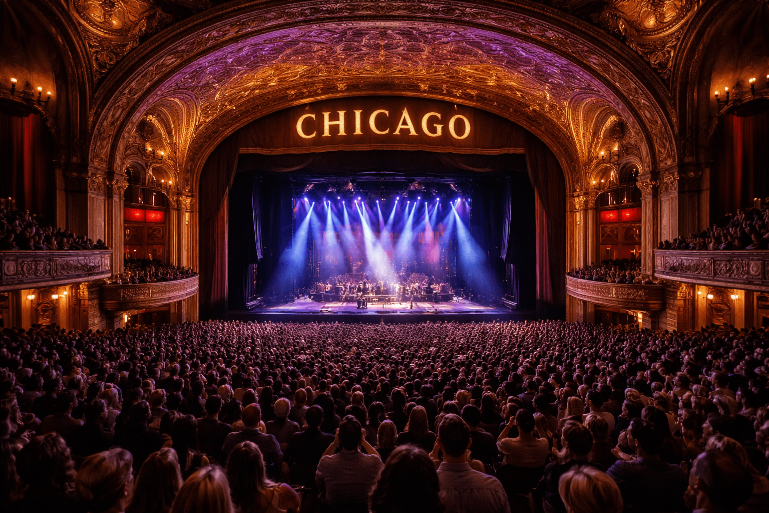 Packed audience watching a concert inside the ornate Chicago Theatre, with a brightly lit stage under colorful lights.
