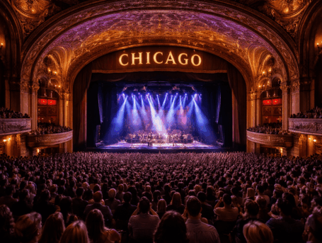 Packed audience watching a concert inside the ornate Chicago Theatre, with a brightly lit stage under colorful lights.