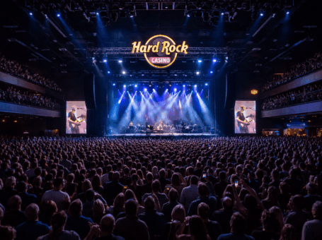Large crowd at a concert inside Hard Rock Casino, facing a brightly lit stage with the Hard Rock logo above.